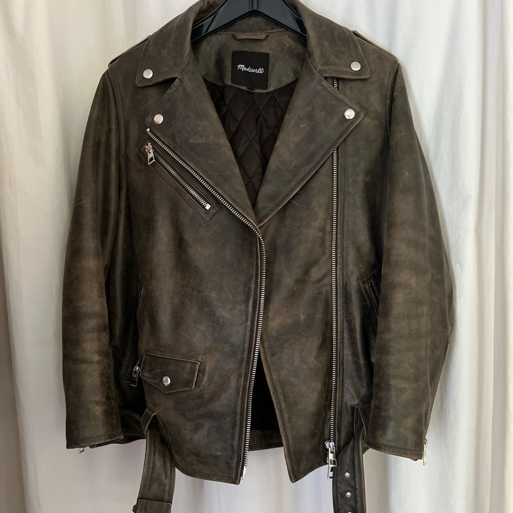Madewell Distressed Leather Oversized Moto Jacket, S, Washed Fatigue